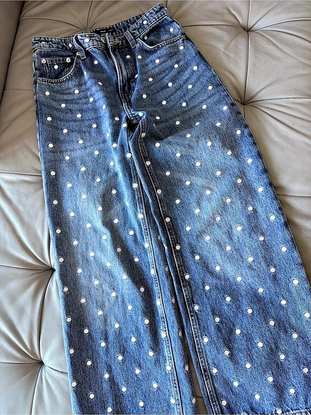 MNG Polka Dot Straight Leg Jeans in Blue & White Size Medium